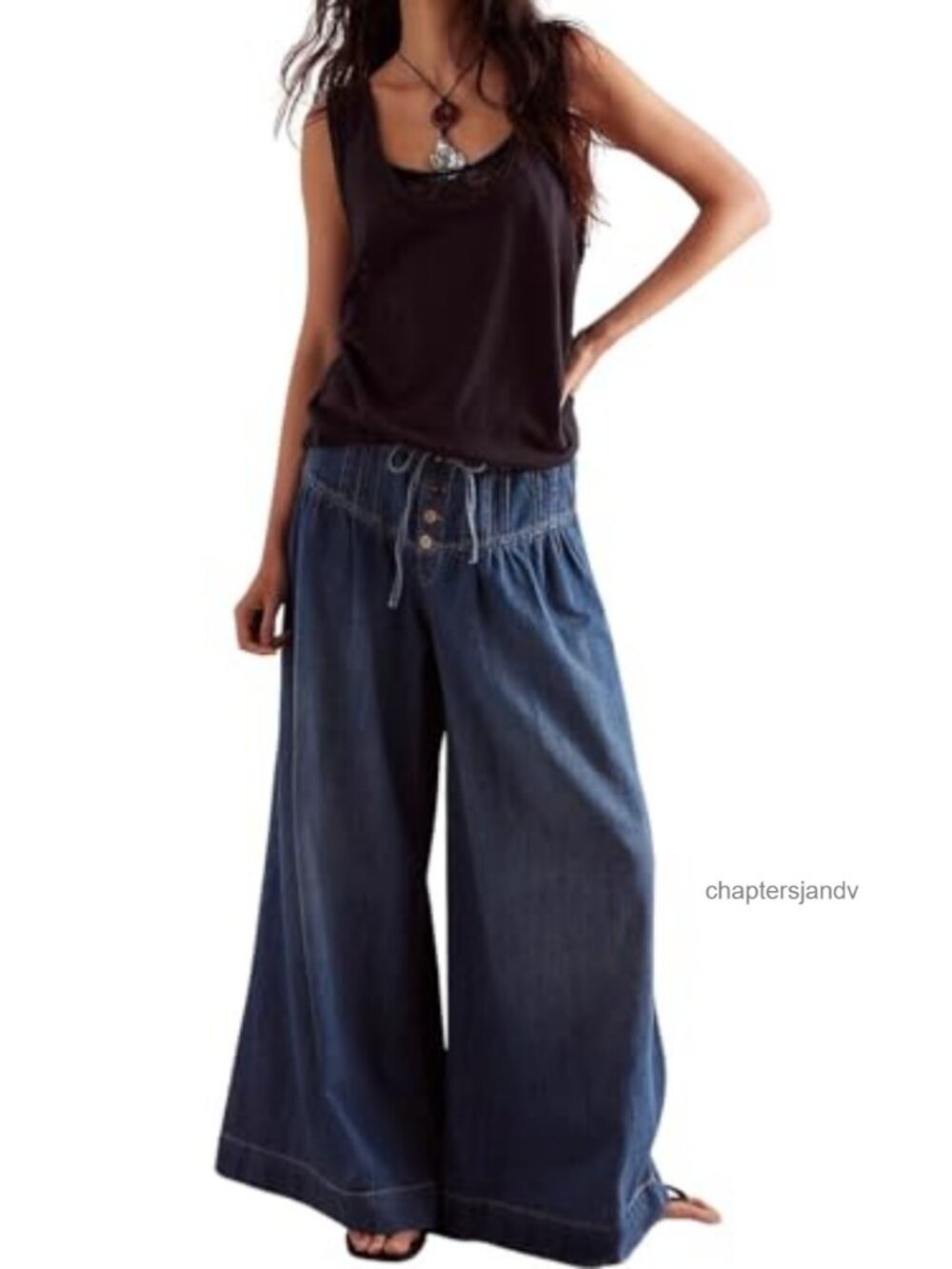 Women's Pleated Baggy Jeans Elastic Waist Wide Leg Denim Palazzo Pants